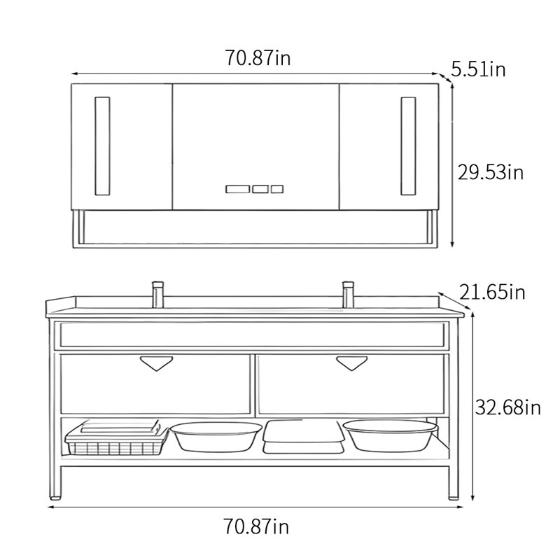 Armoire de salle de bain légère et luxueuse moderne, H 32,68 po x l 70,87 po x P 21,65 po, Noir