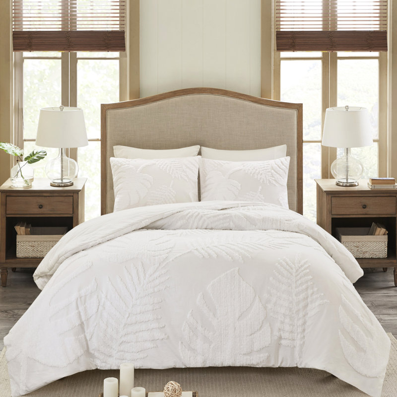 Édredon 3 pièces en chenille de coton - très grand / très grand, motif de feuilles, style de chambre à coucher de plage, très grand, esthétique,