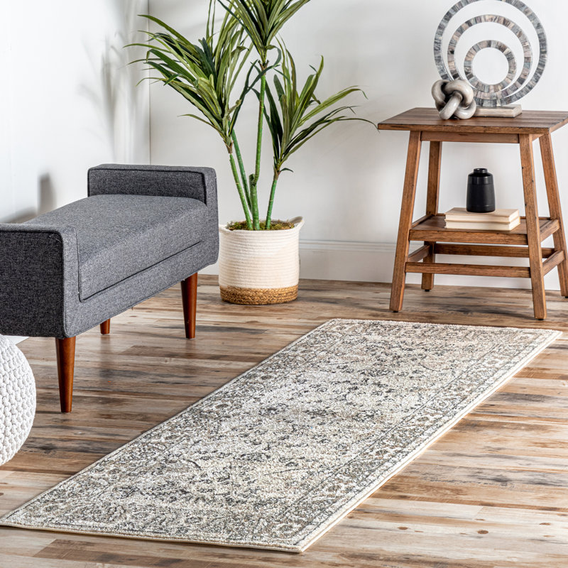 Tapis beige à franges Teme Florid Mystique, Tapis de couloir 2 pi 6 po x 8 pi