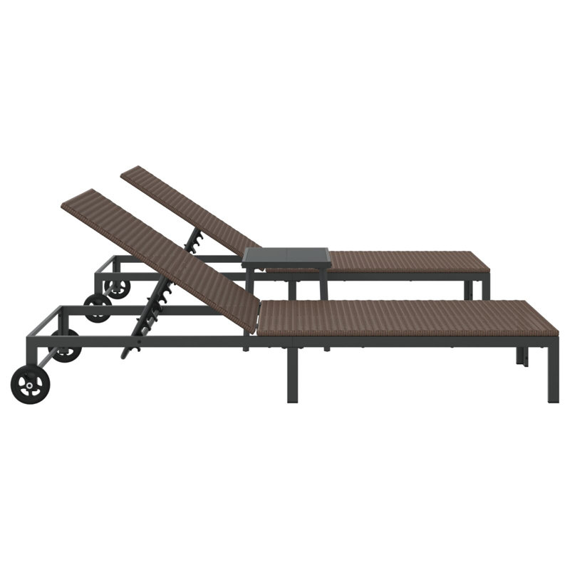 Sunbeds 2 Pcs With Wheels And Table Poly Rattan, Brown
