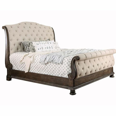 Contemporary Eastern King Size Beige Fabric Bed, Rustic Natural Tone, Solid Wood Frame Tone Design, Construction