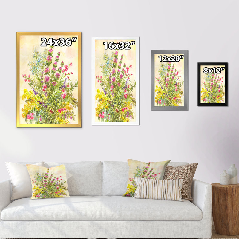 Bouquet de fleurs sauvages en fleurs - Art sur toile traditionnel, H 20 po x l 12 po x P 1 po, Cadre photo noir