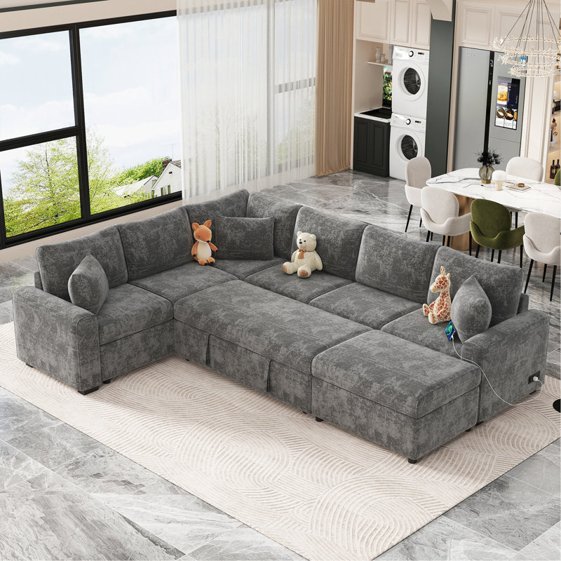 Canapé-lit 112,2 po avec canapé-lit escamotable avec repose-pieds avec rangement, trois coussins et dispositifs de chargement pour le salon, gris