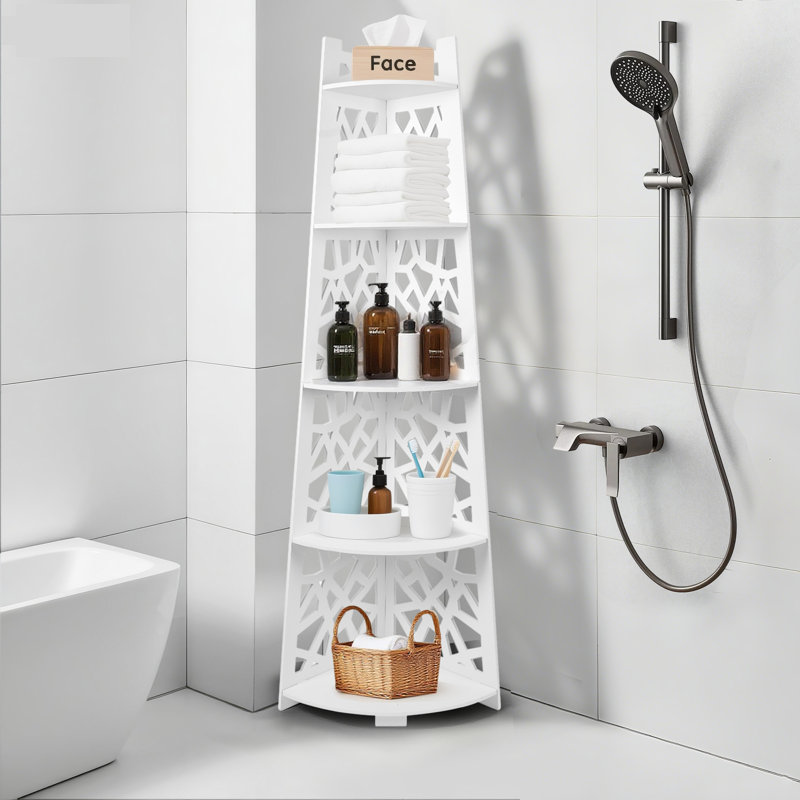 5-tier Bathroom Corner Shelf Stand, Waterproof White Wpc Storage Organizer, 59" Tall Space-saving Rack For Towels, Toiletries & Toilet Paper
