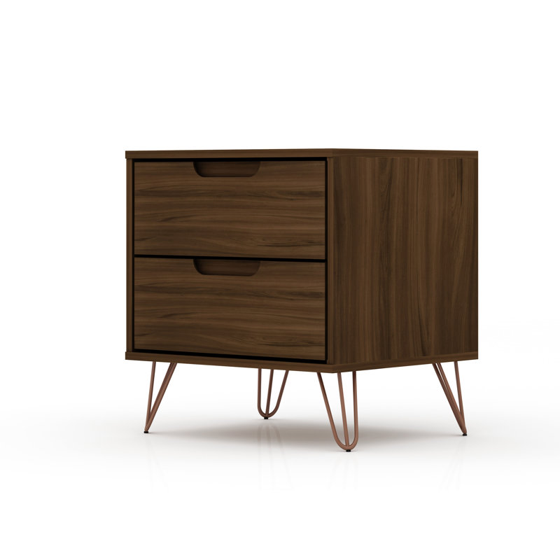 Table de chevet 2 tiroirs de style brun Mid-Century à 2 tiroirs Rockefeller, Brun / brun