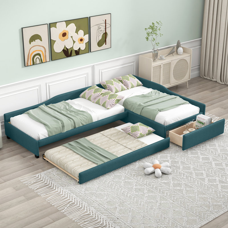 Upholstered L Shape Daybed with Trundle and Drawer, Green