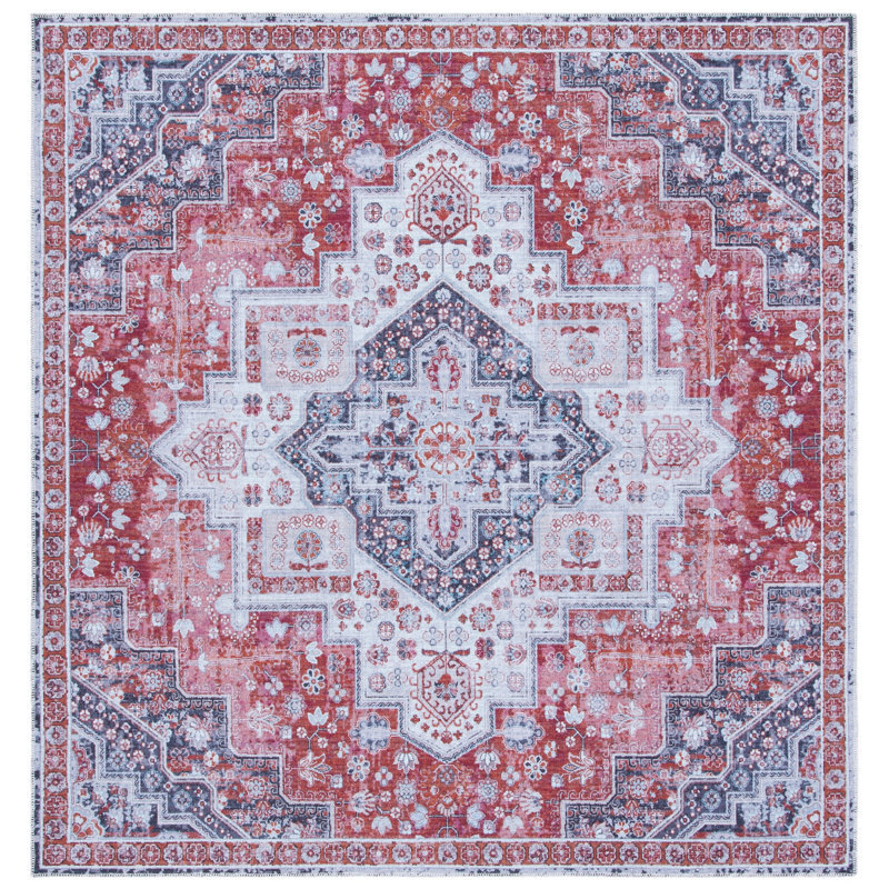 Tapis oriental rouge / bleu Hallel, Carré 6 pi 7 po