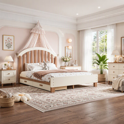 Lit plateforme double avec tiroir de rangement, structure de lit simple en bois avec tête de lit ronde, aucun sommier nécessaire, beige et naturel profond