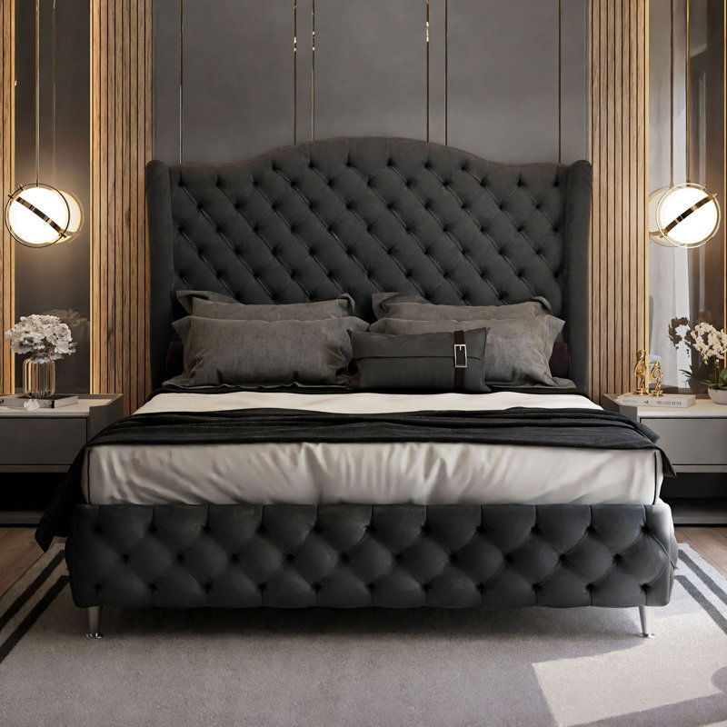 Breyton Upholstered Bed, Black, European Kingsize