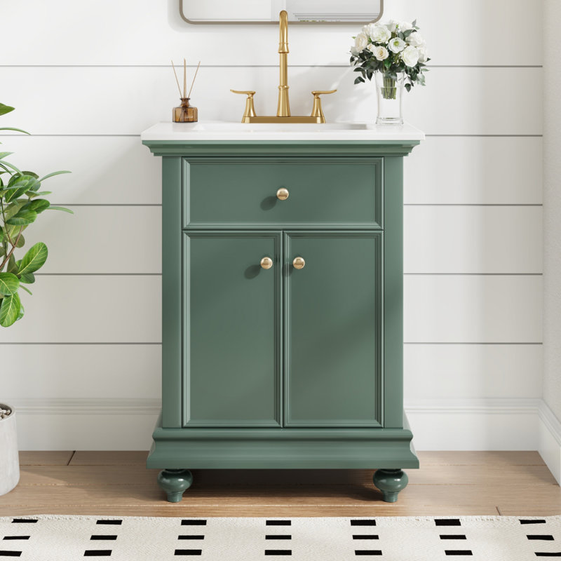 Meuble-lavabo moderne de 24 po avec tiroir basculant et charnières à fermeture en douceur, armoire de salle de bain avec structure ouverte au dos, pieds tournés en boule avec élégance française