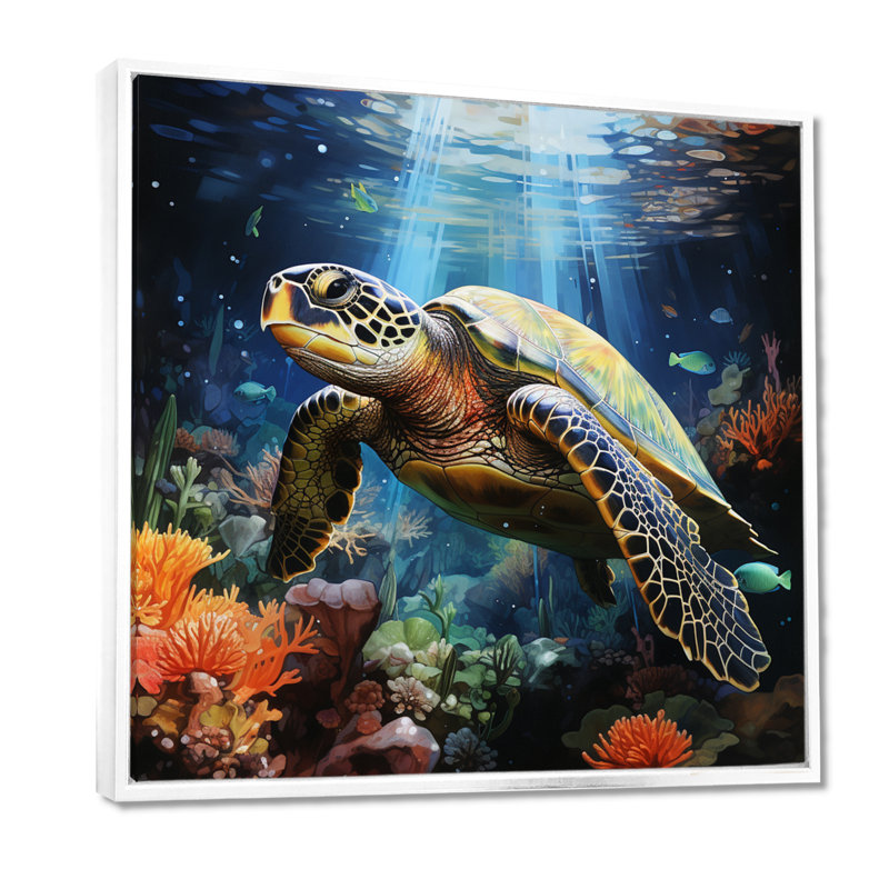 Tortue verte et bleue, animaux marins, art mural, H 16 po x l 16 po, Cadre flottant blanc