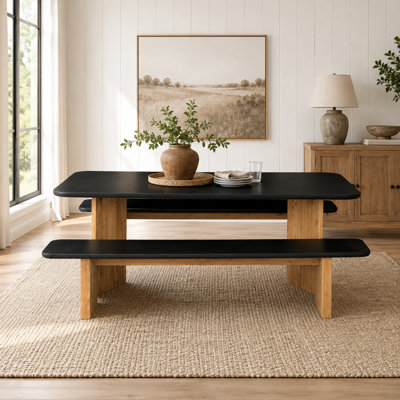 Ensemble de table de salle à manger et de bancs en fibre de verre 86,6 po noir mat intérieur / extérieur avec base en bois d'acacia Balictar