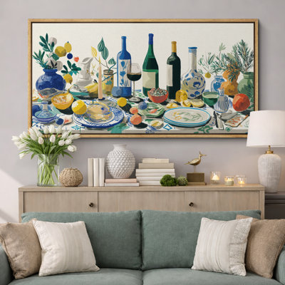 Colorful Mediterranean Feast Artwork Extra Large Pictures Framed Canvas Print Wall Art