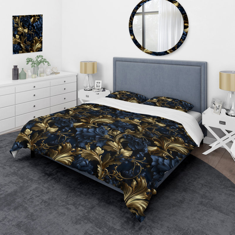 Cobalt Blue Gilded Frames Victorian Pattern II Floral Duvet Cover, King Duvet Cover + 2 King Shams