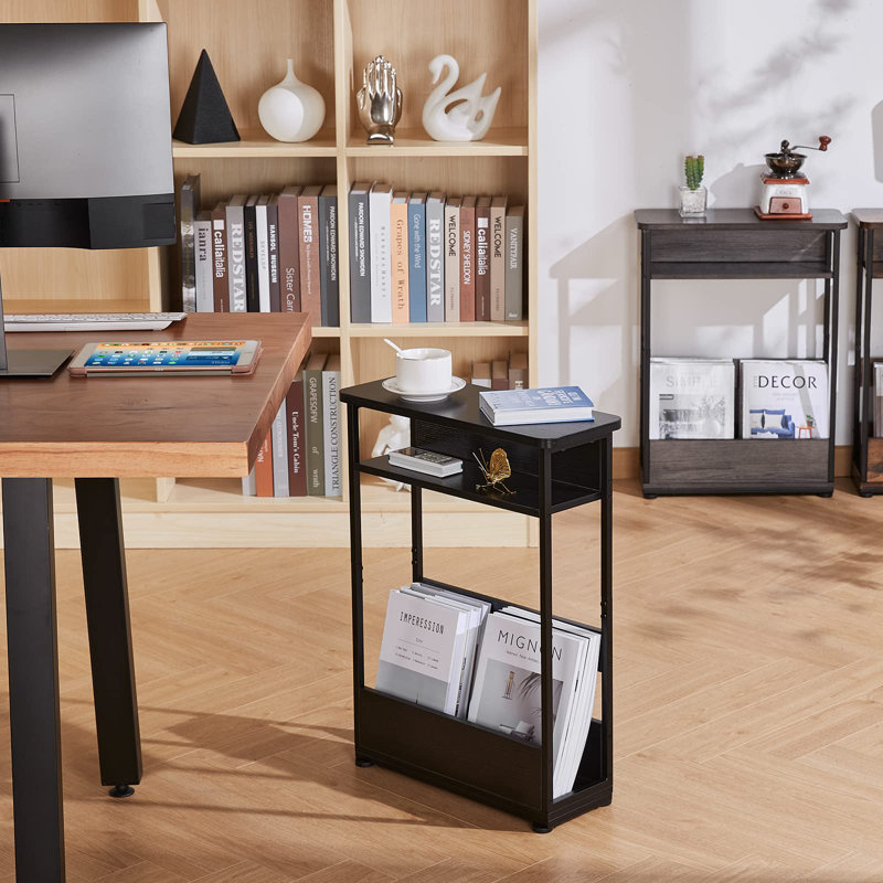 Industrial Rustic 3 Tier Side Table With Magazine Rack, Black