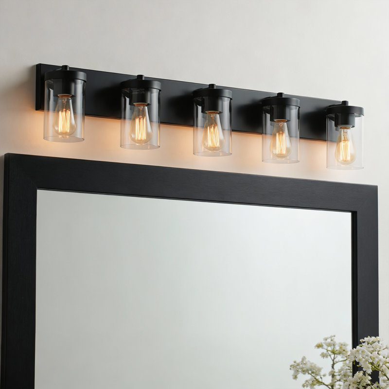 Luminaire de meuble-lavabo 3 lumières Cleofas avec abat-jour en verre transparent, Noir mat, 5 lumières