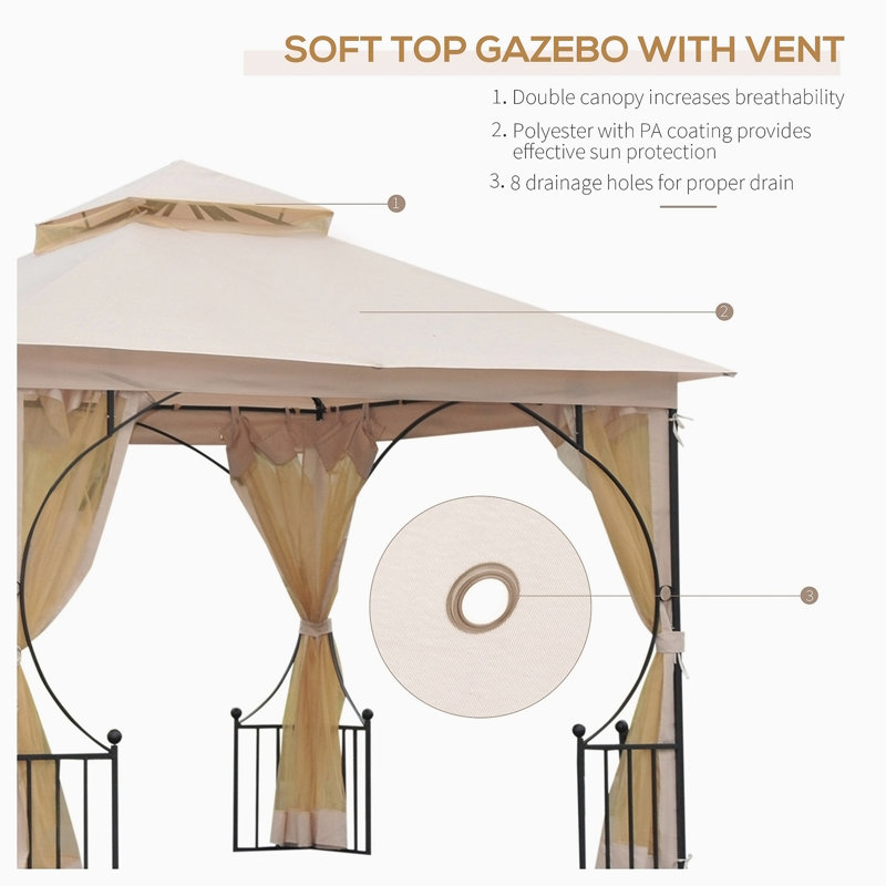 10x10ft Patio Gazebo, Double Roof, with Netting, Steel Frame, Beige