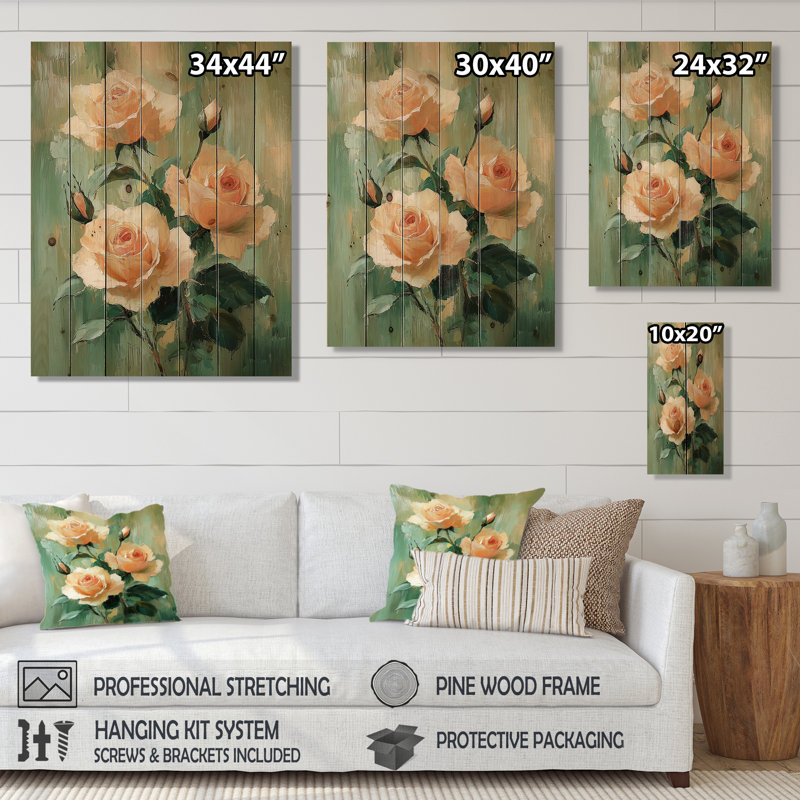 Roses roses et vertes Garden Serenity II - décoration murale en bois de roses - sur bois de pin naturel