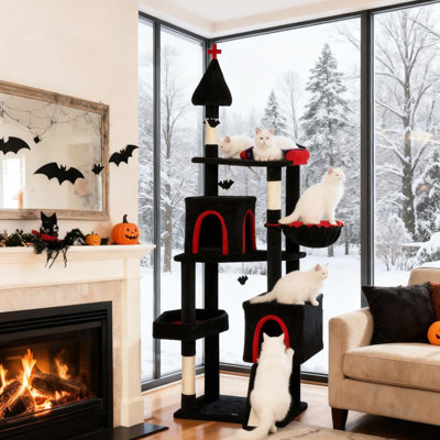 Arbre à chat de 77,6 pouces à plusieurs niveaux, conception de tours de chauves-souris, rampe à gratter, deux plateformes de condos pour le divertissement