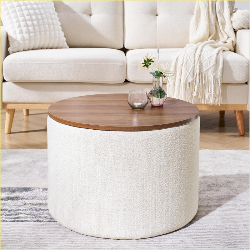 Ensemble de repose-pieds 2 pièces, repose-pieds rond en chenille beige avec petit tabouret, plateau en bois aggloméré | Salon, chambre, bureau