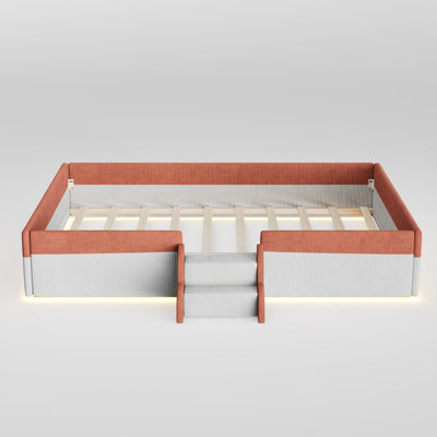 Lit de clôture tapissier en velours côtelé à deux tons avec marches rembourrées à 2 niveaux, lumières DEL sous le lit contrôlées par l'application, lit plateforme à profil bas avec garde-corps en mousse, cadre en bois aggloméré et en bois léger, disponible en format simple / double / grand / très grand