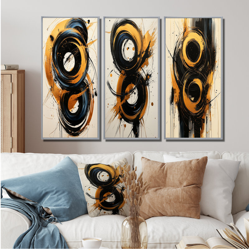 Abstrait cercle aux tons I - Collection de 3 grands panneaux modernes sur toile, H 40 po x l 60 po, Argent argent