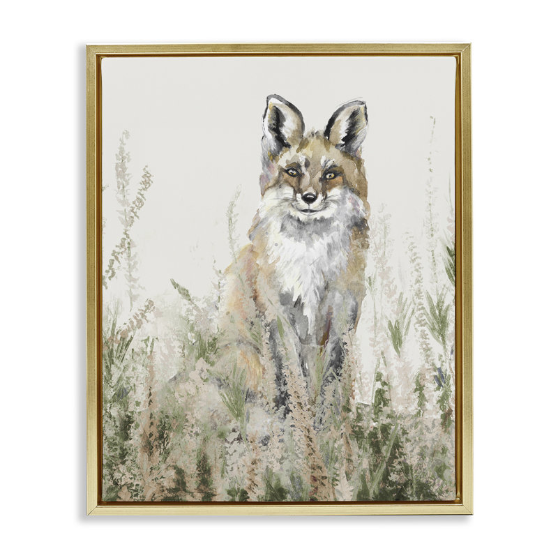 Fox in Meadow Landscape, art mural sur toile flottant noir, H 21 po x l 17 po, Cadre flottant métallique doré