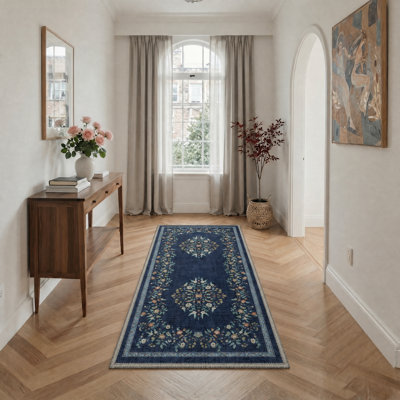 Vintage Persian Medallion Navy Blue Area Rug Machine Washable Non Slip Distressed Oriental Carpet