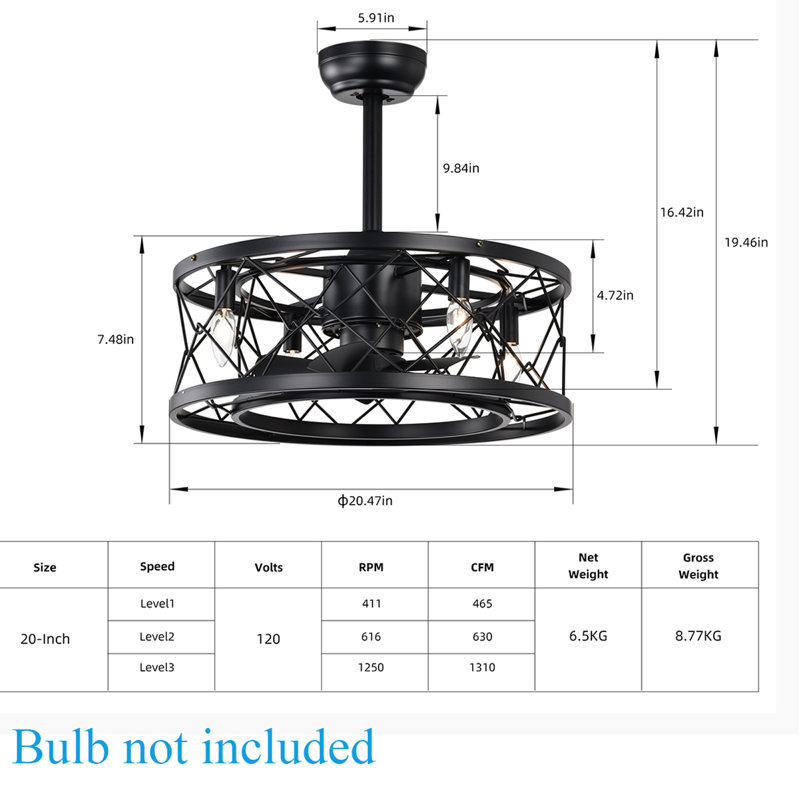 Ventilateur de plafond à cage 20,47 po Drumagrove, Noir