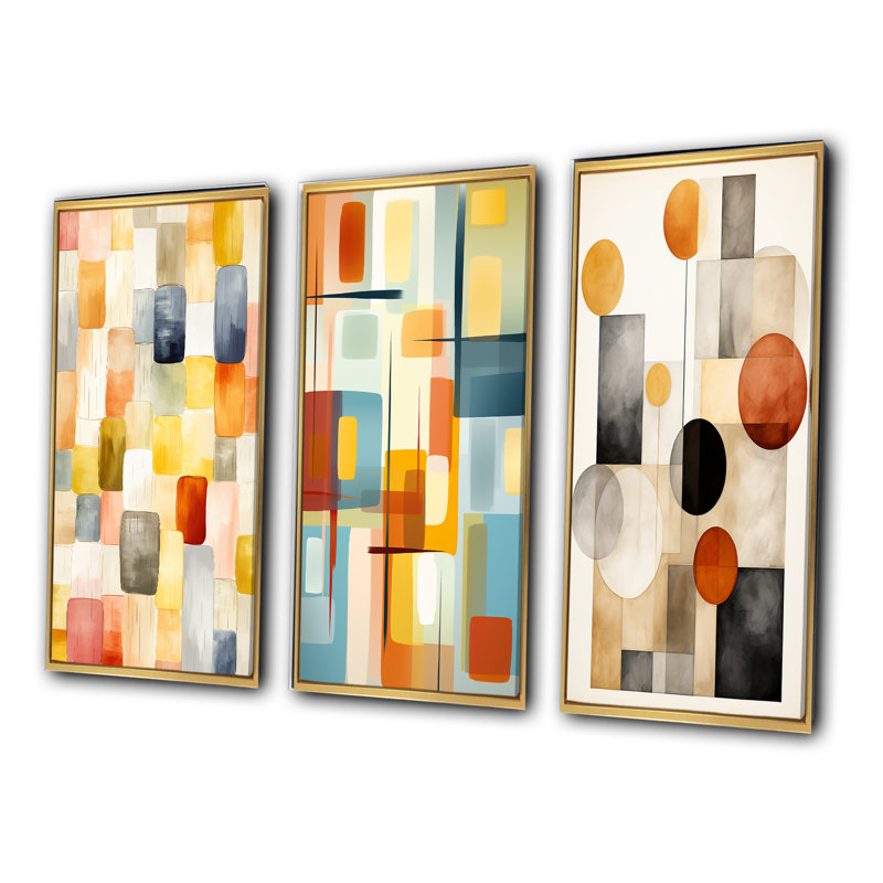 Retro Cubist Abstract Retro Composition - Modern Midcentury Art Set Of 3 Pieces, Cadre flottant doré, H 40 po x l 60 po