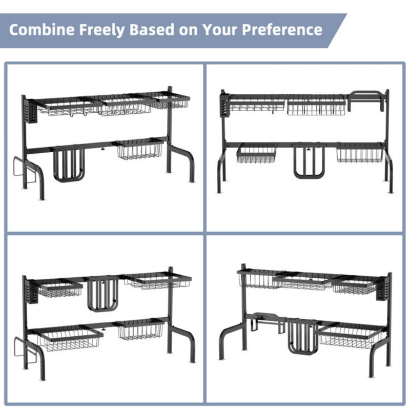 Adjustable Black Steel Over Sink Dish Drying Rack with Hooks