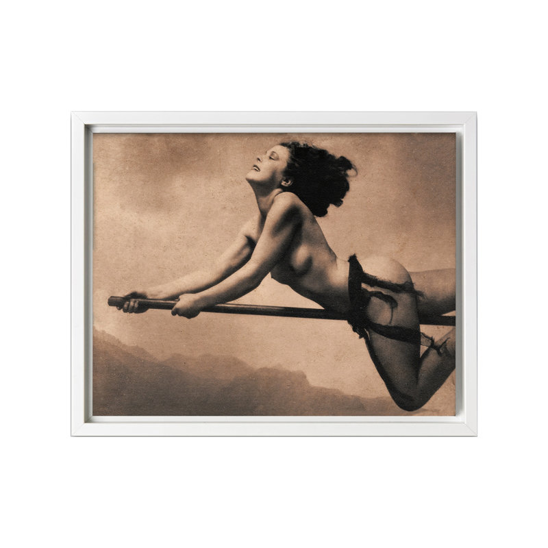 Sorcière nue sur balai, Canvas, 18"H x 24"W, White Framed