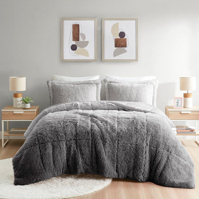 Full/Queen Grey Ombre Shaggy Comforter With Matching Shams, Warm Reverse,