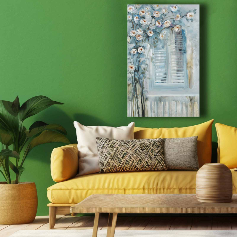 White Blossoms And Shutter Window Canvas Art