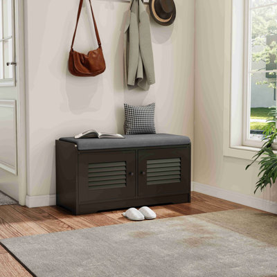 Banc de rangement à chaussures 28,74 "avec armoire à 2 portes, banc d'entrée avec rangement à chaussures noir, banc à chaussures avec coussin, tablettes réglables, banc à chaussures pour vestibule, couloir