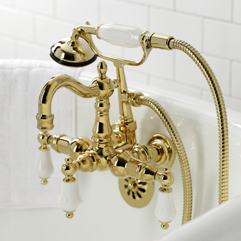 Kingston Brass Heritage Three-Handle 2-Hole Tub Wall Mount Clawfoot Tub Faucet with Hand Shower, Polished Brass