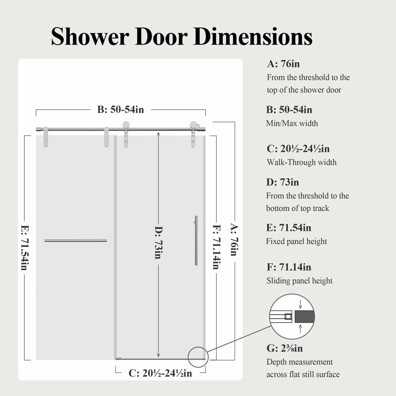 50-54" W * 76" H Frameless Single Sliding Shower Doors Without Soft-Close, Bathroom Sliding Shower Door With Towel Rail And Auxiliary Handle, 5/16" (8Mm) Thick SGCC Tempered Glass Door, Brushed Nickel