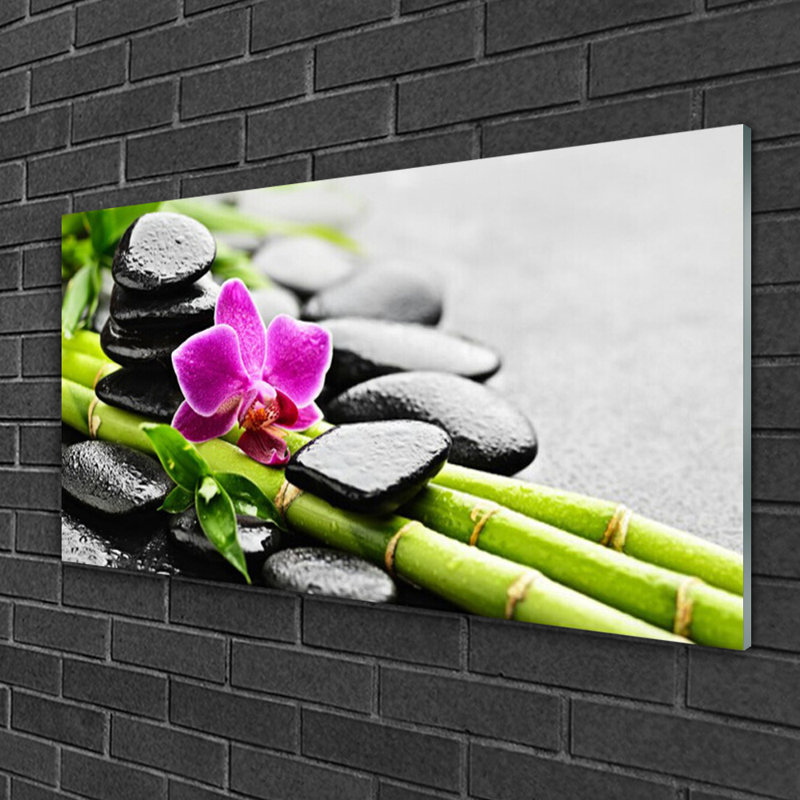 Art Bamboo Tube Flower Stones - No Frame Print on Glass