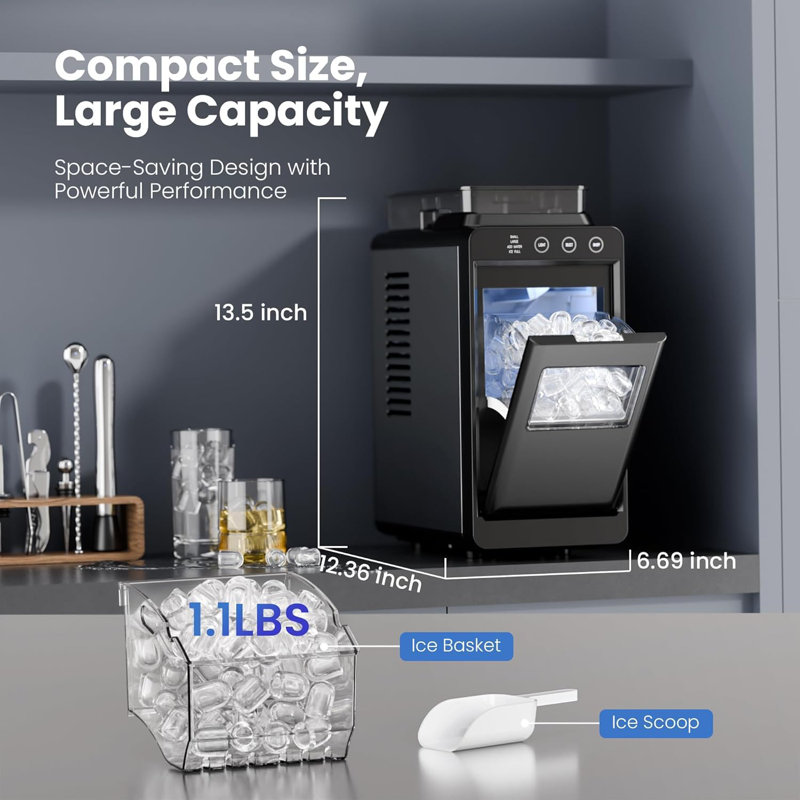Portable Countertop Ice Maker External Water Tank 8 Cubes/6 Mins 26 Lbs/24Hrs Self-Cleaning Quiet Compact For Home Rv Camping