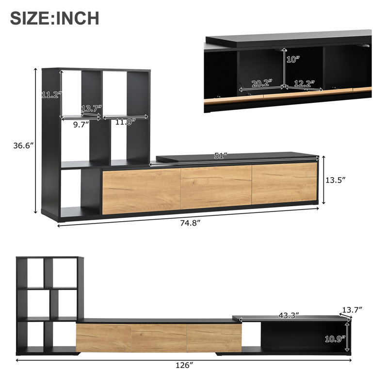 Versatile Extendable TV Stand with Multiple Storage Options for Living Room, Black