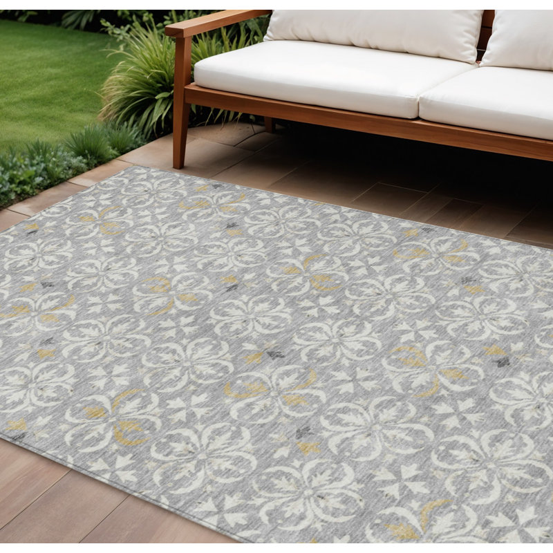 Tapis extérieur lavable floral gris ivoire et brun 8 pi x 10 pi