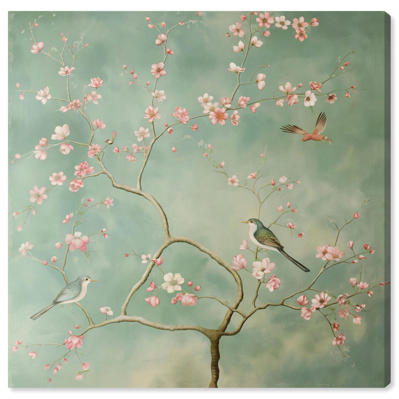 24" x 24" Wrapped Canvas Chinoiserie Art in Pastel Green and Pink