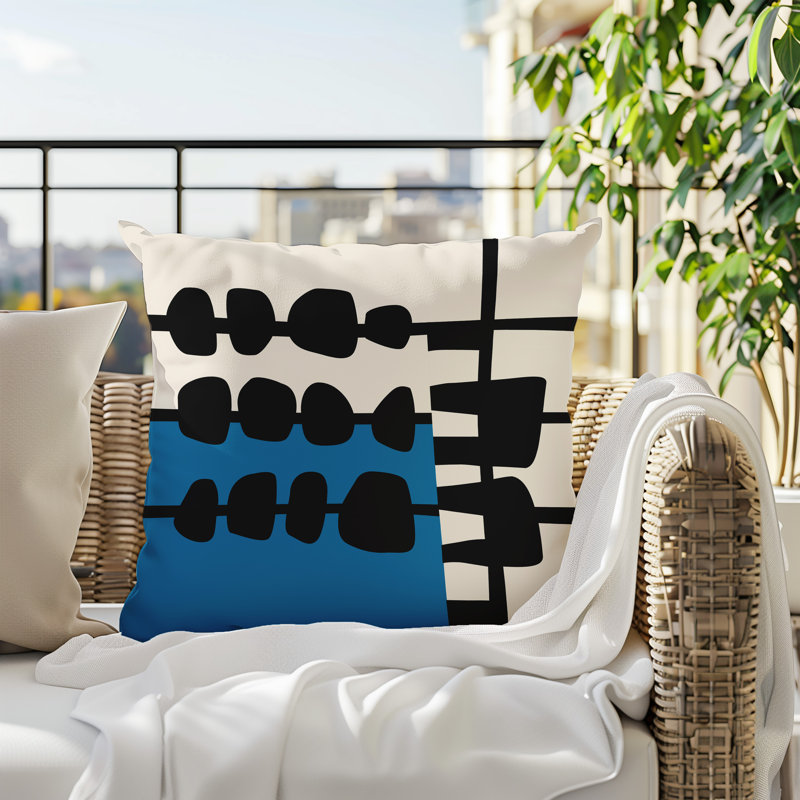 Oreiller carré réversible intérieur / extérieur Dola, H 17 po x l 17 po, Turquoise / noir / blanc cassé abstrait