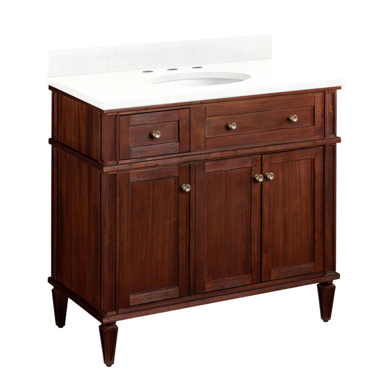 36" Elmdale Vanity with Undermount Sink, Feathered White Quartz, Antique Brown, Antique Brass