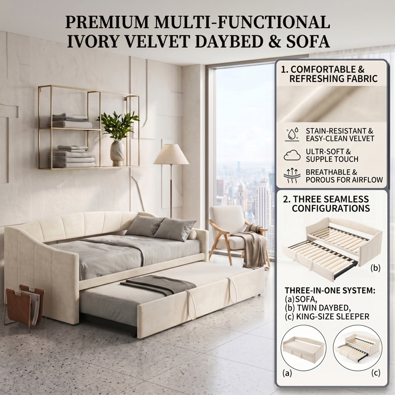 UK&EU 3-in-1 Velvet Extendable Daybed with Pop-Up Trundle, Upholstered Sofa Bed Frame, Beige & Grey, 90x190/200cm, Beige