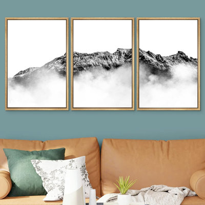Nature paysage noir et blanc montagne brumeuse d'hiver encadrée sur toile, 3 pièces