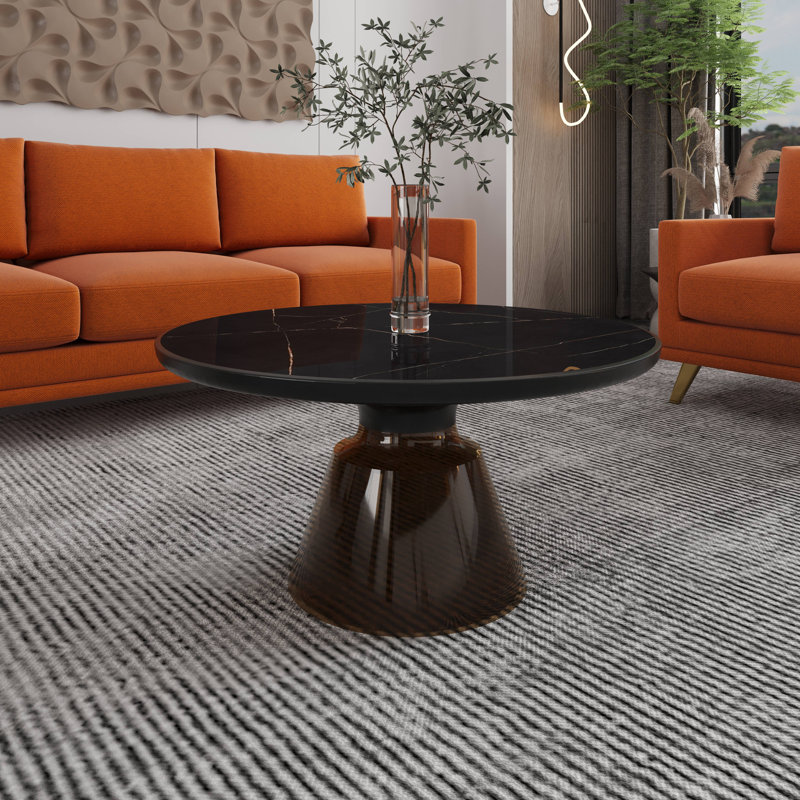 Table basse ronde de 30 po en verre / plateau en pierre frittée avec rebord noir thermolaqué et base en verre trempé, Gris