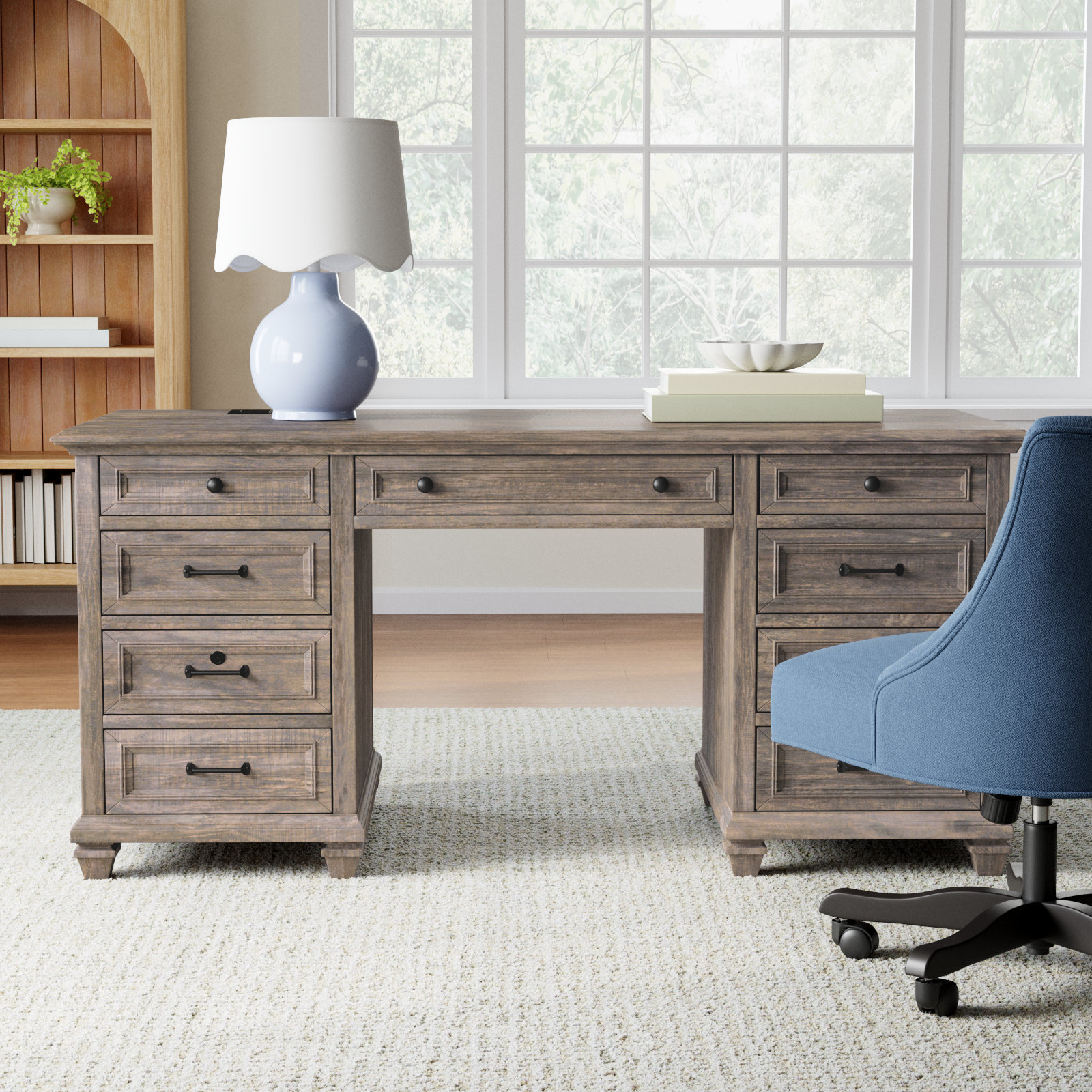 Kerey Solid Wood Base Executive Desk with Power Outlet, Dove Tail Gray