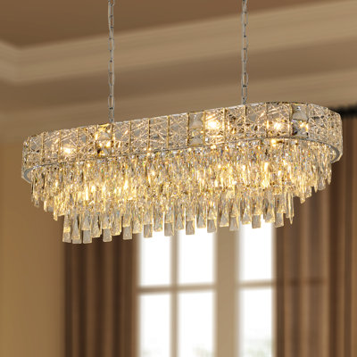 12-Lights Modern Golden Oval Ice-crackled Crystal Chandelier, Diameter 40 x 14.2 Inches, Height Adjustable