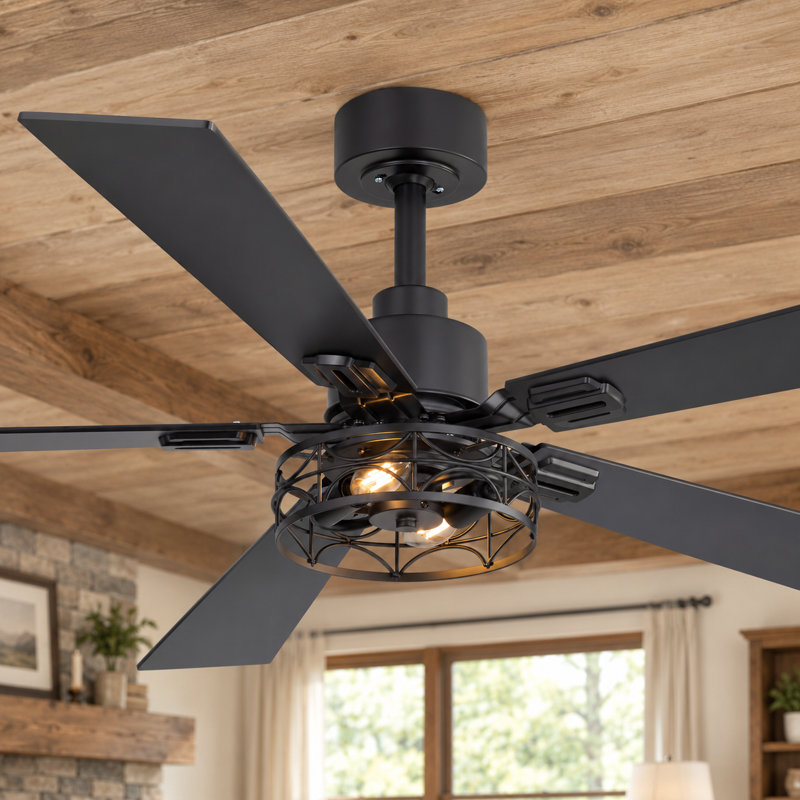 Ventilateur de plafond de 52 po avec cage, éclairage et télécommande, moteur CC réversible et silencieux, douille 2-E12, 175